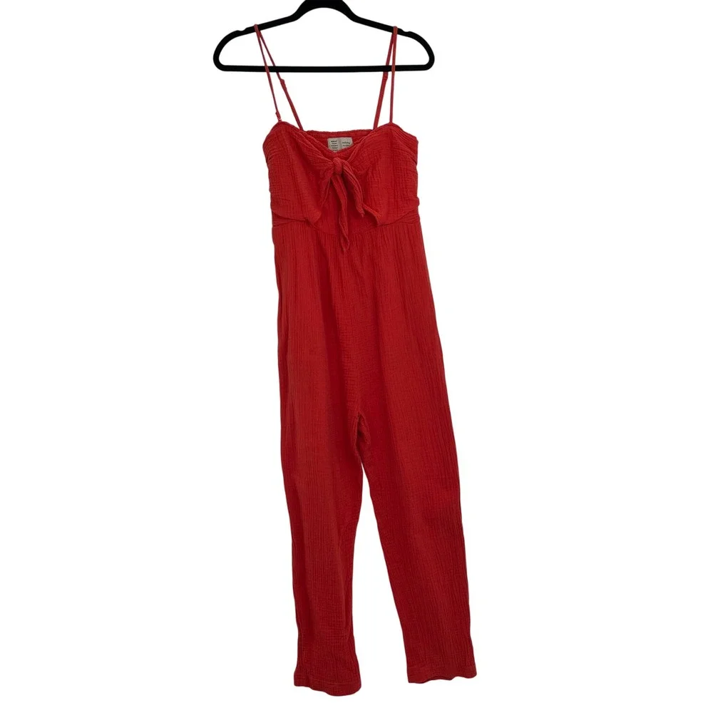 Anthropologie Saturday Sunday Red Isabel Tie Front Smocked Jumpsuit Size Medium‎